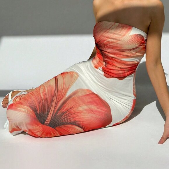 Multicolor Sexy Women's Romantic Date Strapless Printed Bodycon Dress - Picture 3 of 5